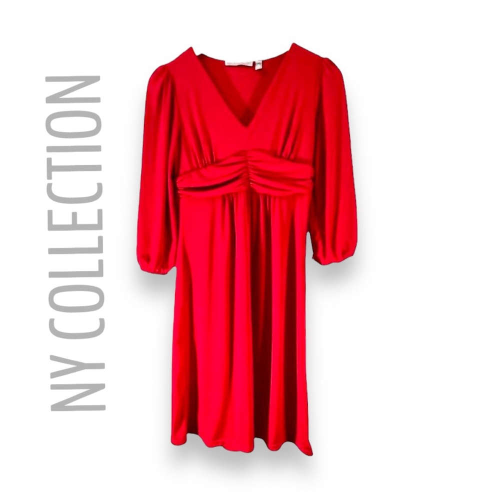 NY COLLECTION Red V Neck Long Sleeve MIDI Dress SZ XS